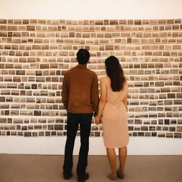 A smiling man and woman stand in front of a wall covered in polaroid pictures, pondering over their relationship under the vast desert sky