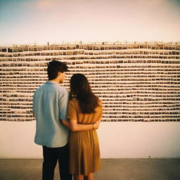 A smiling man and woman stand in front of a wall covered in polaroid pictures, pondering over their relationship under the vast desert sky