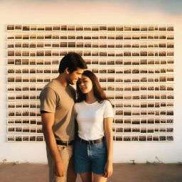 A smiling man and woman stand in front of a wall covered in polaroid pictures, pondering over their relationship under the vast desert sky