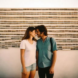 A smiling man and woman stand in front of a wall covered in polaroid pictures, pondering over their relationship under the vast desert sky