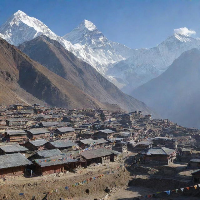 A picturesque view of Nepal showing the Mount Everest with traditional Nepalese houses in the foreground, surrounded by colorful prayer flags