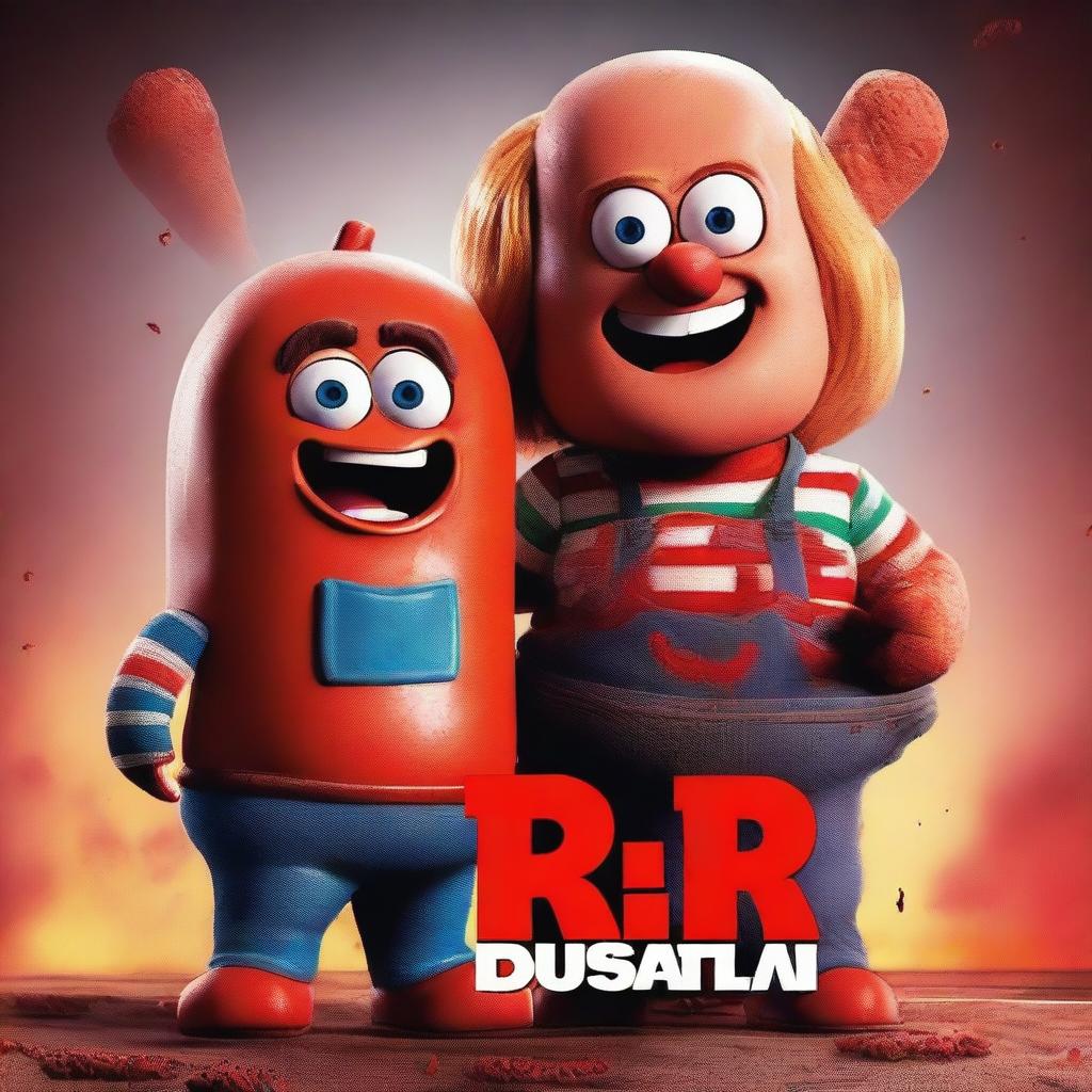 A crossover horror movie poster featuring Frank the sausage from Sausage Party and the reboot Chucky the Buddi doll from Child's Play 2019