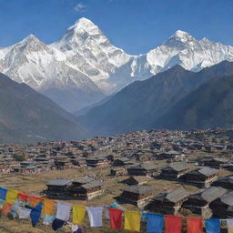 A picturesque view of Nepal showing the Mount Everest with traditional Nepalese houses in the foreground, surrounded by colorful prayer flags