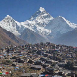 A picturesque view of Nepal showing the Mount Everest with traditional Nepalese houses in the foreground, surrounded by colorful prayer flags