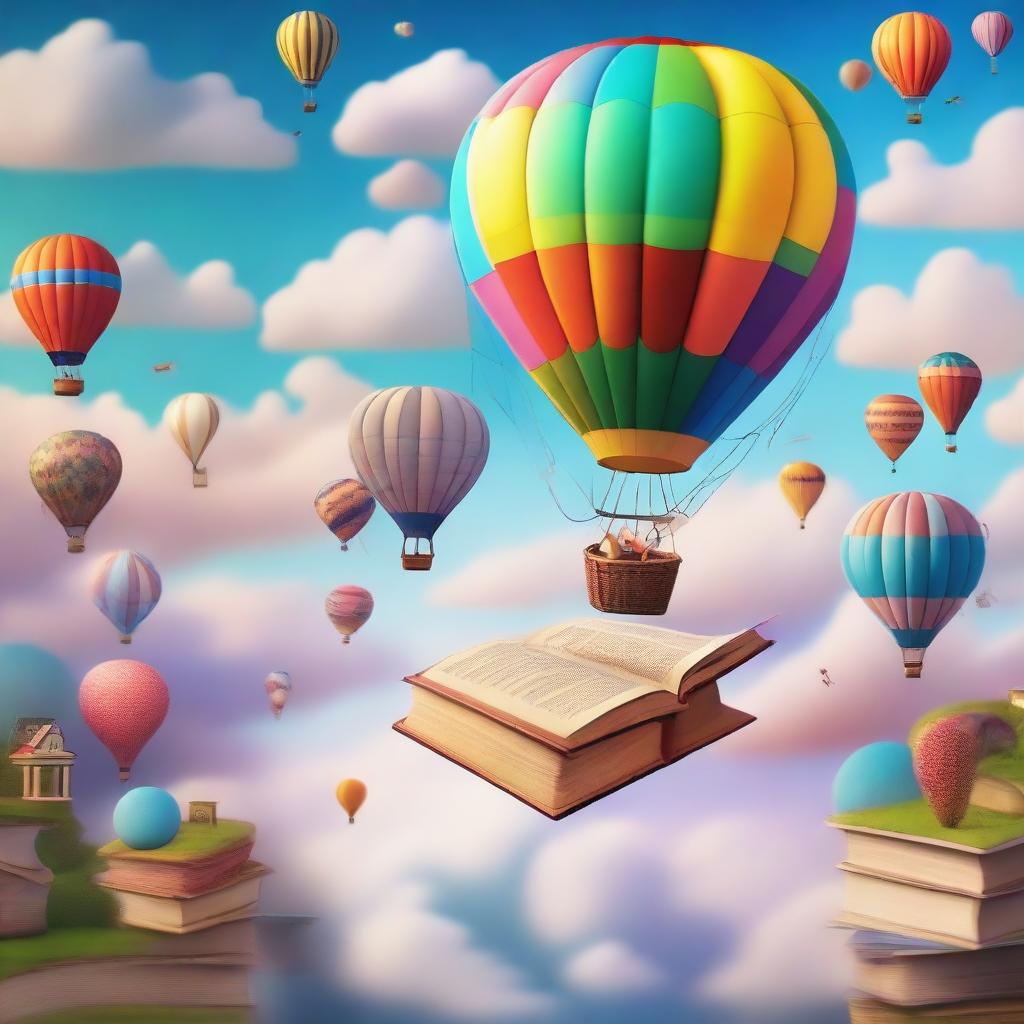 Various objects floating in the air, including hot air balloons, books, and dreams