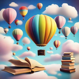 Various objects floating in the air, including hot air balloons, books, and dreams