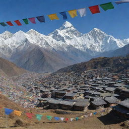 A picturesque view of Nepal showing the Mount Everest with traditional Nepalese houses in the foreground, surrounded by colorful prayer flags