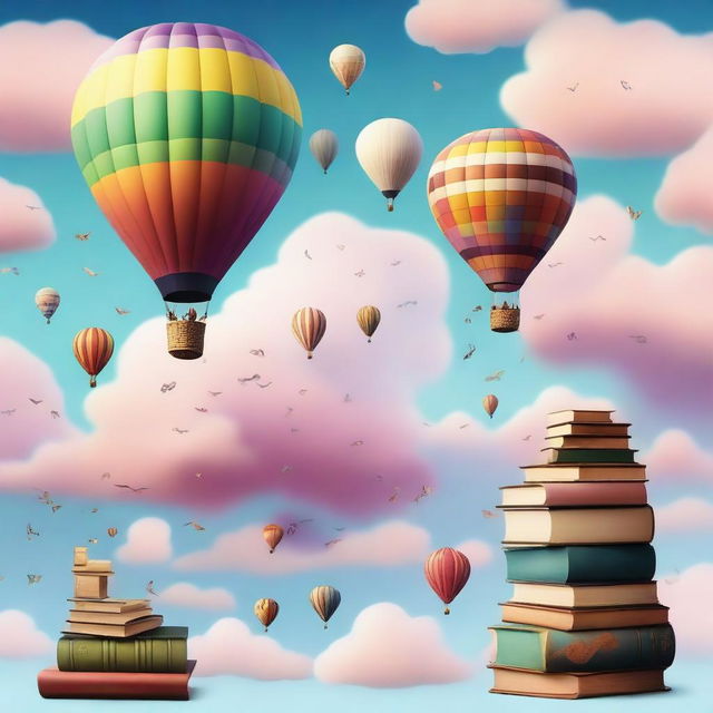 Various objects floating in the air, including hot air balloons, books, and dreams