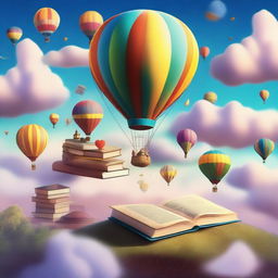 Various objects floating in the air, including hot air balloons, books, and dreams