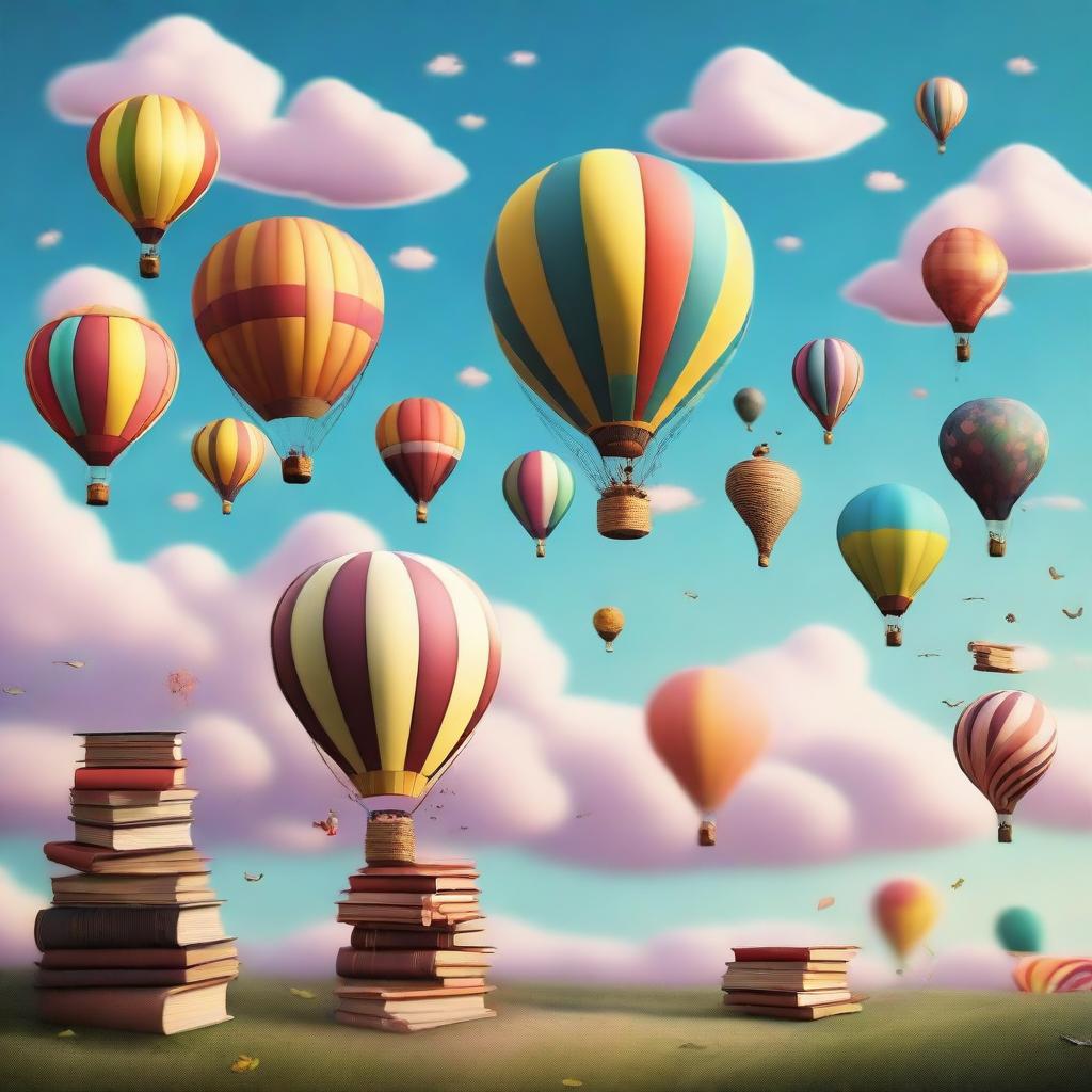 Various objects floating in the air, including hot air balloons, books, and dreams