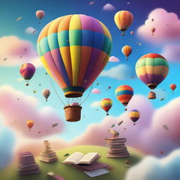 Various objects floating in the air, including hot air balloons, books, and dreams