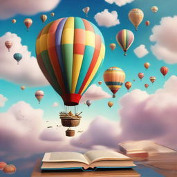 Various objects floating in the air, including hot air balloons, books, and dreams