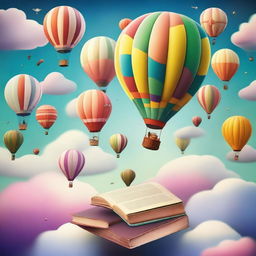 Various objects floating in the air, including hot air balloons, books, and dreams