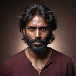 An Indian man with a dark complexion, thick, messy hair reaching his cheeks, a trimmed beard, and a long horizontal scar above his nose. He's wearing a maroon shirt and holding a short axe in each hand in a dimly lit setting.