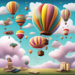 Various objects floating in the air, including hot air balloons, books, and dreams