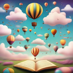 Various objects floating in the air, including hot air balloons, books, and dreams