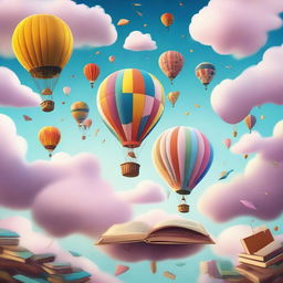 Various objects floating in the air, including hot air balloons, books, and dreams