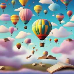 Various objects floating in the air, including hot air balloons, books, and dreams