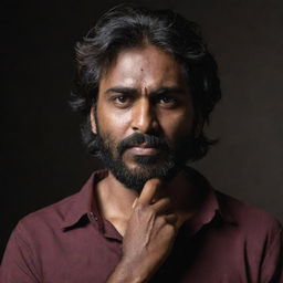 An Indian man with a dark complexion, thick, messy hair reaching his cheeks, a trimmed beard, and a long horizontal scar above his nose. He's wearing a maroon shirt and holding a short axe in each hand in a dimly lit setting.