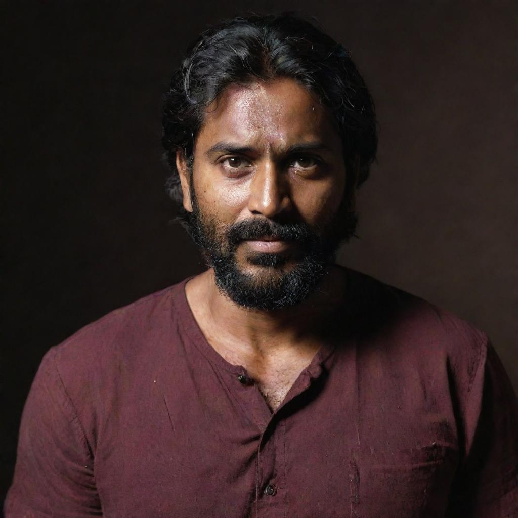 An Indian man with a dark complexion, thick, messy hair reaching his cheeks, a trimmed beard, and a long horizontal scar above his nose. He's wearing a maroon shirt and holding a short axe in each hand in a dimly lit setting.