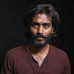 An Indian man with a dark complexion, thick, messy hair reaching his cheeks, a trimmed beard, and a long horizontal scar above his nose. He's wearing a maroon shirt and holding a short axe in each hand in a dimly lit setting.