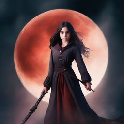 Create a book cover for a novel featuring a young girl warlock with a wand pointed towards a blood moon eclipse