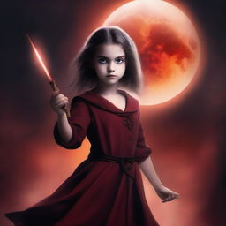 Create a book cover for a novel featuring a young girl warlock with a wand pointed towards a blood moon eclipse