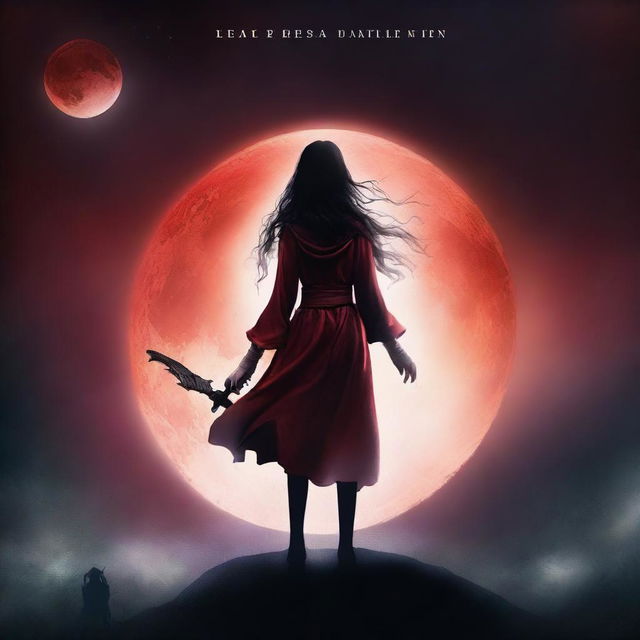 Create a book cover for a novel featuring a young girl warlock with a wand pointed towards a blood moon eclipse