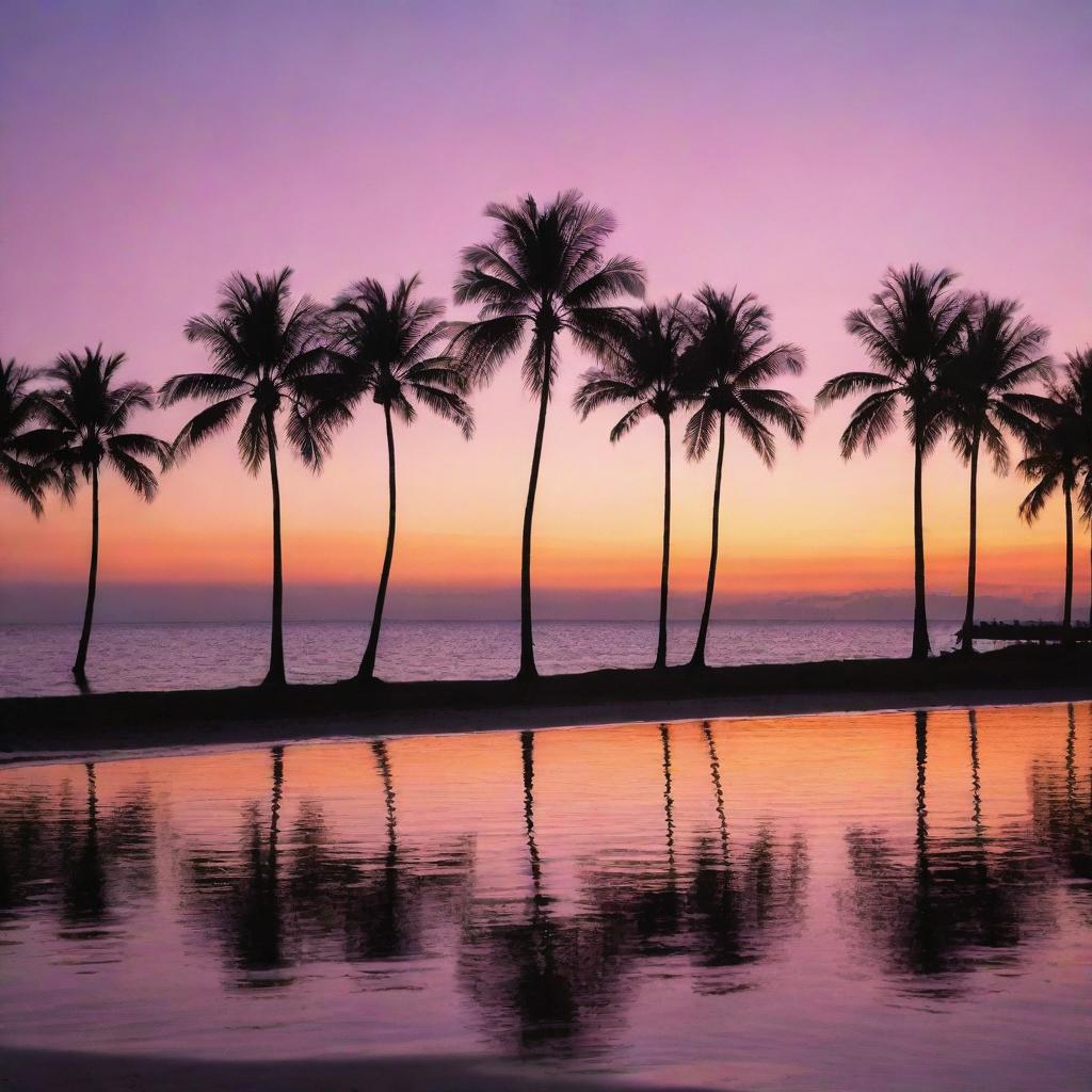 A stunning sunset over a serene ocean, with the tranquil waters reflecting the brilliant shades of oranges, pinks, and purples. Palm trees silhouette the skyline, adding an exotic touch.