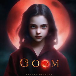 Create a book cover for a novel featuring a young girl warlock with a wand pointed towards a blood moon eclipse