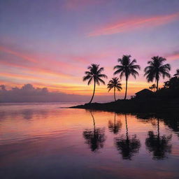 A stunning sunset over a serene ocean, with the tranquil waters reflecting the brilliant shades of oranges, pinks, and purples. Palm trees silhouette the skyline, adding an exotic touch.