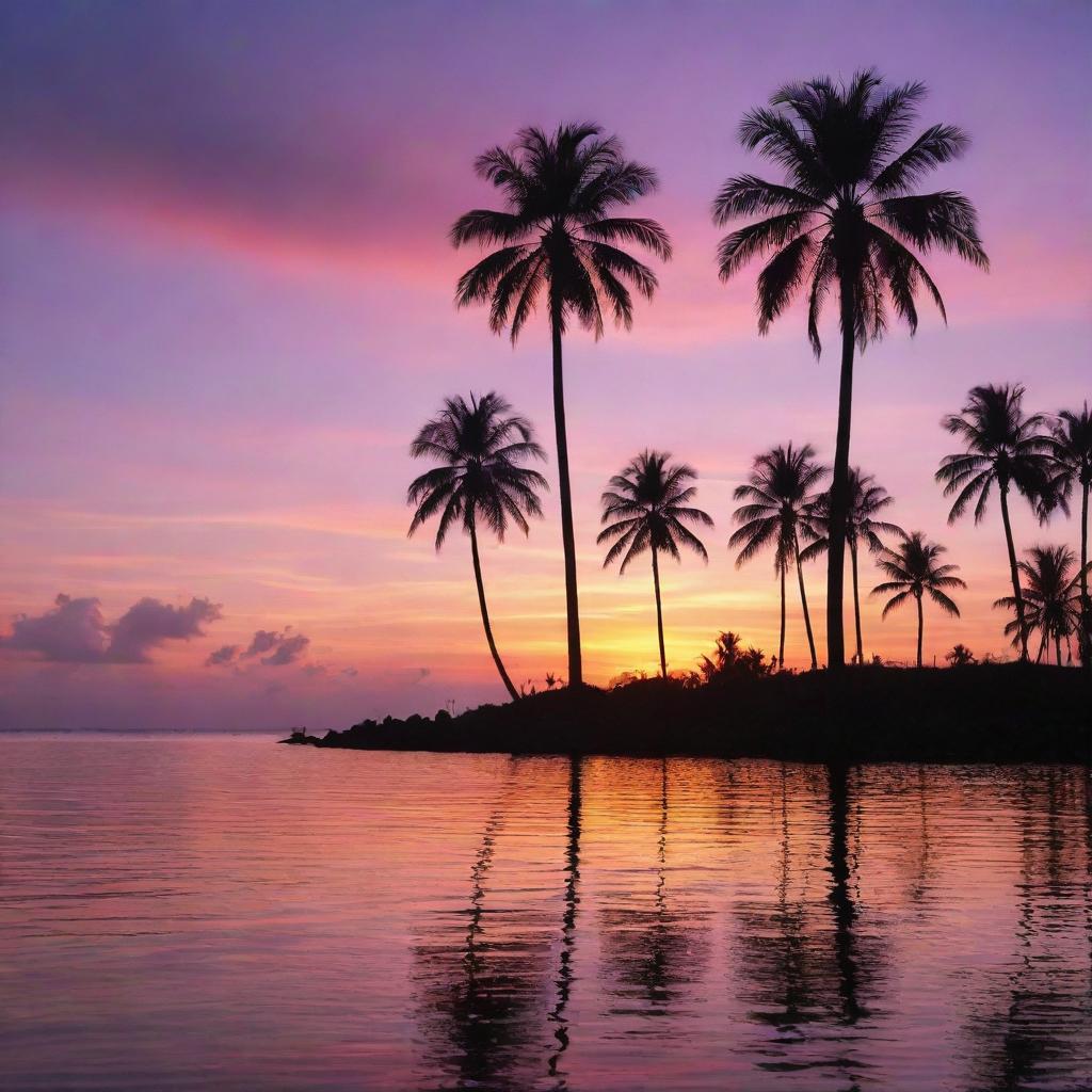 A stunning sunset over a serene ocean, with the tranquil waters reflecting the brilliant shades of oranges, pinks, and purples. Palm trees silhouette the skyline, adding an exotic touch.