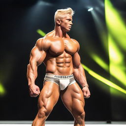 A muscled blonde boy wearing a thong, flexing on stage