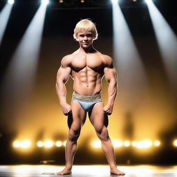 A blonde boy wearing a thong, flexing on stage