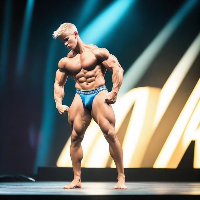 A blonde boy wearing a thong, flexing on stage