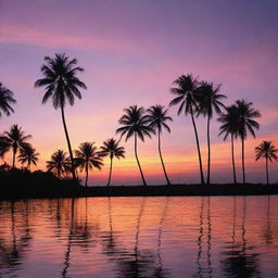 A stunning sunset over a serene ocean, with the tranquil waters reflecting the brilliant shades of oranges, pinks, and purples. Palm trees silhouette the skyline, adding an exotic touch.