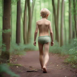 A blonde boy wearing a thong, walking in the woods