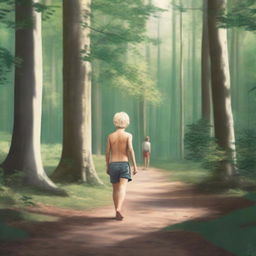 A blonde boy wearing a thong, walking in the woods