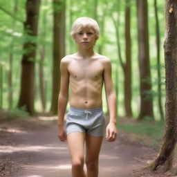 An athletic blonde boy wearing a thong, walking in the woods