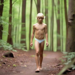 An athletic blonde boy wearing a thong, walking in the woods