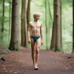 An athletic blonde boy wearing a thong bodysuit, walking in the woods