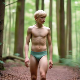 An athletic blonde boy wearing a thong bodysuit, walking in the woods