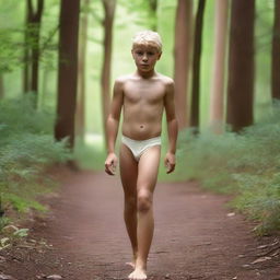 An athletic blonde boy wearing a thong bodysuit, walking in the woods