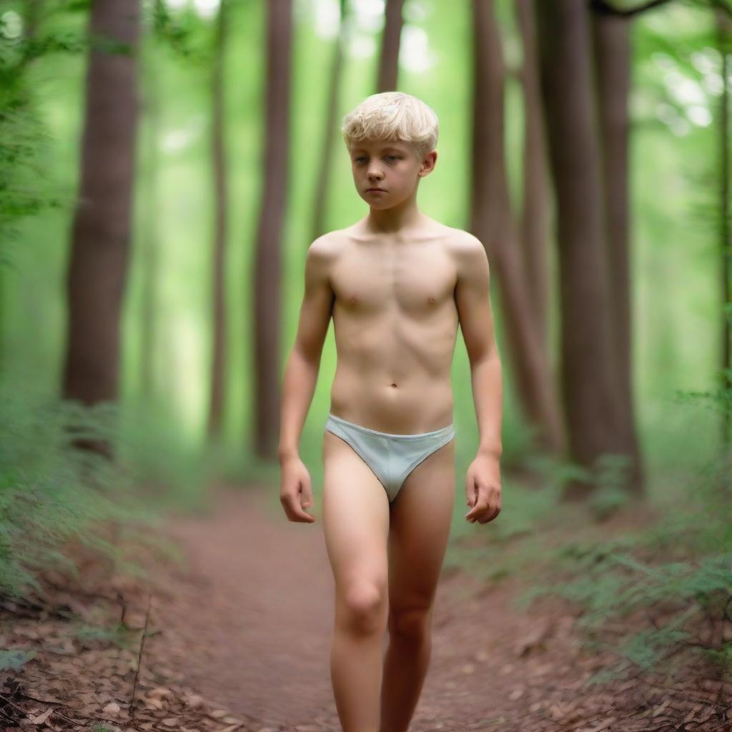 An athletic blonde boy wearing a thong bodysuit, walking in the woods