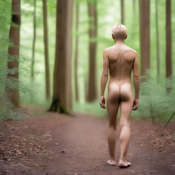 An athletic blonde boy wearing a thong bodysuit, walking in the woods