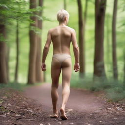 An athletic blonde boy wearing a thong bodysuit, walking in the woods