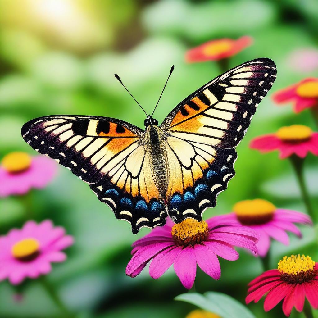 A realistic butterfly perched on a vibrant flower in a natural setting, captured in high-resolution nature photography