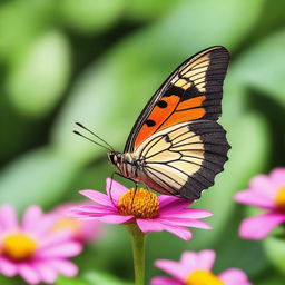 A realistic butterfly perched on a vibrant flower in a natural setting, captured in high-resolution nature photography