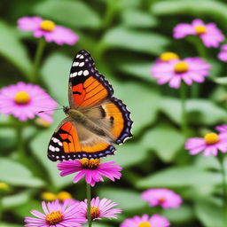 A realistic butterfly perched on a vibrant flower in a natural setting, captured in high-resolution nature photography