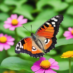 A realistic butterfly perched on a vibrant flower in a natural setting, captured in high-resolution nature photography